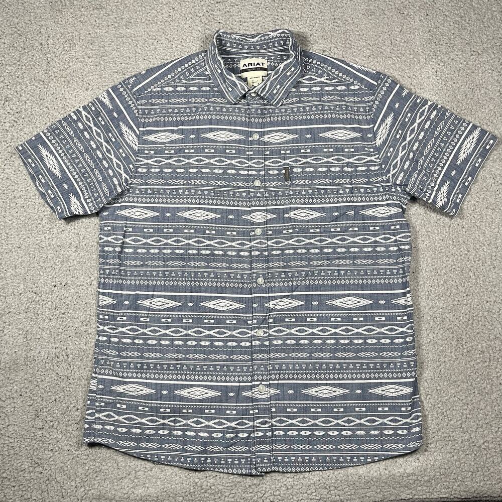 Ariat Shirt Mens L Blue Button Aztec Short Sleeve Cowboy Western Modern Fit